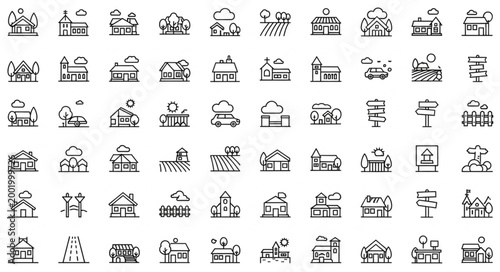 Collection of Hand Drawn Village Buildings and Houses Icons.