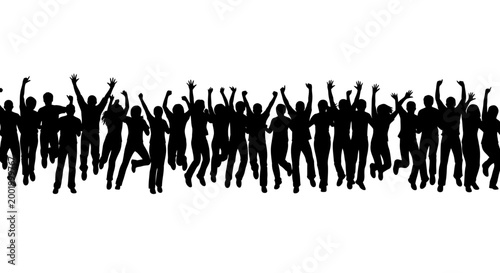 Silhouette of a large cheering crowd jumping in celebration isolated on a white background.