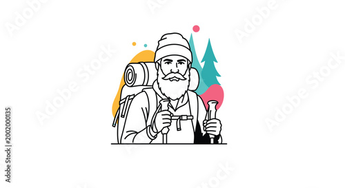 Mature bearded hiker with a full backpack and trekking poles standing in a scenic forest mountain environment for outdoor adventure.