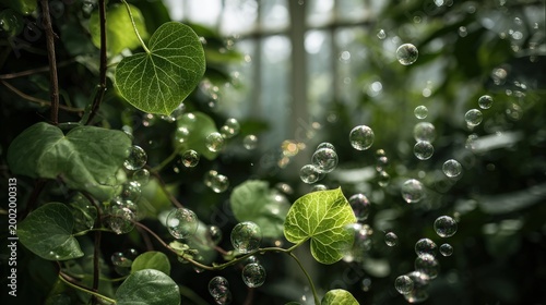 Bright soap bubbles float gently among lush green ivy leaves in a sunlit garden.