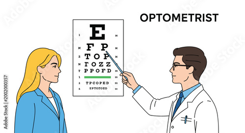 Professional male optometrist in a white coat pointing at a Snellen eye chart while performing a vision exam for a young blonde patient.