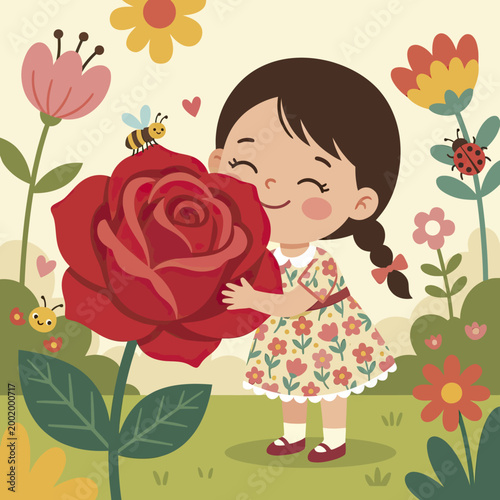 A cute little girl smelling a giant red rose in a spring garden.