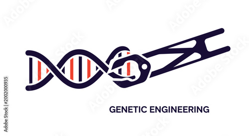 Genetic engineering concept showing a double helix DNA strand being manipulated by a pair of precision robotic pincers in dark colors.