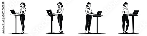 Confident Business Woman Typing on Laptop at Standing Desk – Professional Female Working in Modern Office – Productivity, Technology, and Ergonomic Workplace Concept Illustration