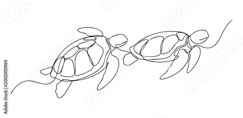 Continuous one line drawing of two sea turtles swimming for marine conservation