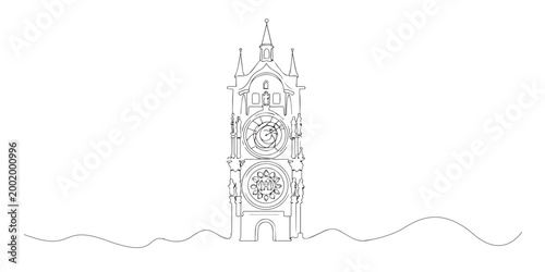 One line drawing of astronomical clock tower. Continuous line of historic timekeeping architecture. European landmark concept. Modern minimalist style. single line art vector illustration.