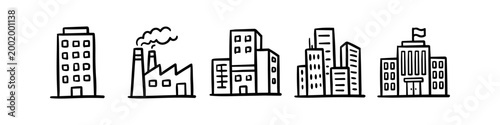 Tableau sur toile Set of five hand-drawn building icons including a factory, office, and city hall