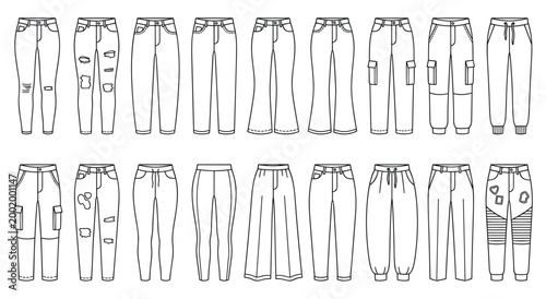 Outline illustration of diverse trouser designs including skinny straight leg flared cargo and baggy joggers with decorative patches or ripped details for fashion design and apparel catalogs.