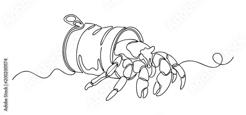 Hermit crab reclaiming an aluminum can as a home, continuous line drawing illustration, intersection of marine life and human waste