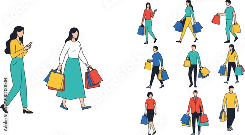 People Carrying Shopping Bags in Different Poses for Retail, Lifestyle, and Shopping Illustrations