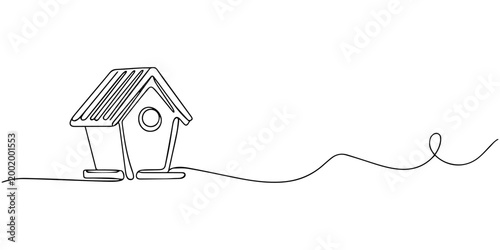 Continuous one line drawing of bird house, symbolizing time and nature, line art style vector illustration, Birdhouse Single Line Drawing with Editable Stroke, Continuous Line Drawing of a Birdhouse
