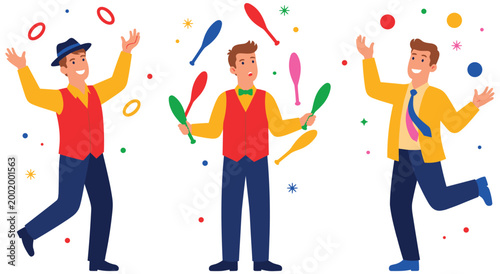 Talented juggling performers in vibrant colorful outfits showing impressive entertainment skills. Energetic entertainers tossing clubs and rings in air for circus show performance art concept.