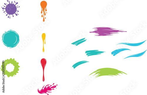 Foto set of colorful paint drips, ink blots, and artistic brush strokes isolated