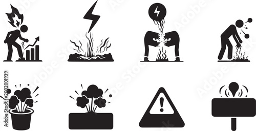 Set of hazard and danger warning icons featuring electrical, chemical, and explosion symbols