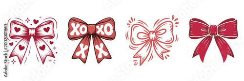 Collection of four pink bow illustrations with hearts and xo