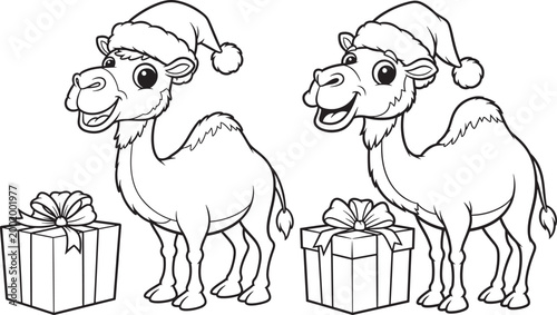 Two cartoon camels wearing santa hats with gift boxes coloring page santa hat line art white background black and white holiday spirit boxing day christmas illustration celebration isolated