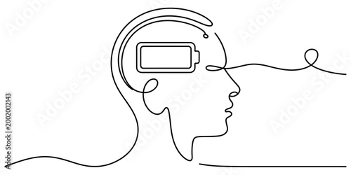 Continuous one line drawing of a human head silhouette with a battery icon inside representing mental exhaustion and energy loss Vector, illustration