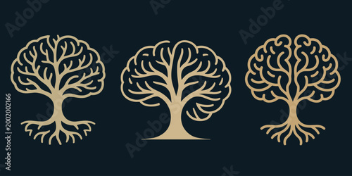 Golden brain tree illustrations in various designs on dark background