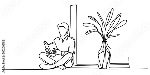Young man sitting on the floor reading a book next to a house plant in a vase drawn in a simple continuous single line art style Vector, illustration