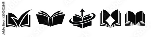 Collection of five book icons in black and white