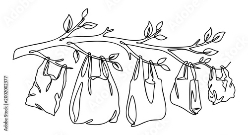 Plastic bags hanging on a tree branch minimalist line drawing, pollution awareness, sustainability and plastic free environment theme
