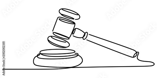 Continuous single line drawing of a wooden judge gavel hitting a sound block representing law justice court and legal system concept Vector, illustration