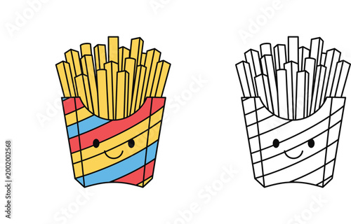 Cute kawaii French fries character in striped carton. Vector illustration set with colorful design and black and white outline version for kids coloring book page.