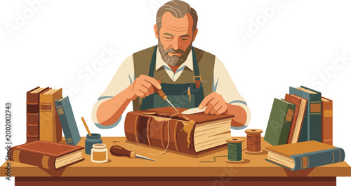 Bild auf Leinwand Elderly professional bookbinder craftsman repairing antique leather book using traditional tools in workshop, vintage restoration hobby, manual labor artisan vector illustration