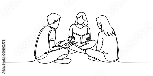 Group of three students sitting on the floor and reading a book together in a continuous single line art style illustration Vector, illustration