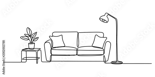 Continuous line drawing of a living room sofa with a small side table featuring a house plant and a tall modern floor lamp Vector, illustration