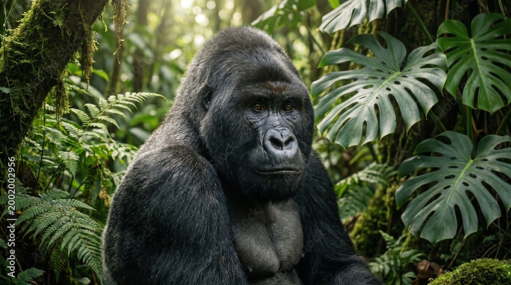 Obraz premium Majestic Silverback Gorilla's Intense Gaze Amidst Lush Tropical Jungle Foliage - Powerful Wildlife Portrait
