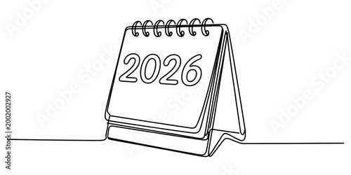 Continuous single line drawing of a 2026 desk calendar showing the new year date for office planning and business schedule management Vector, illustration