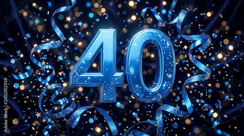 Sparkling Blue 40th Anniversary Celebration Design with Confetti and Ribbons