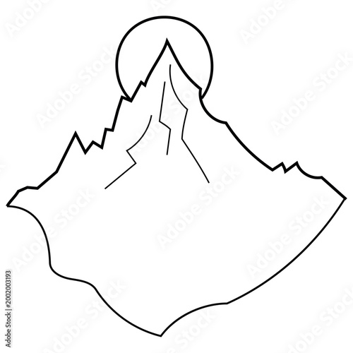 Mountain peak with sun line art vector illustration. Minimalist outdoor landscape silhouette, geometric nature symbol for travel logo, adventure badge and t-shirt design.