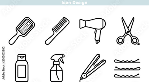 Hairdresser and salon tool icon set. Line icons for hairbrushes, combs, blow dryer, scissors, shampoo, and hair clips. Professional hair care collection. Vector graphics.
