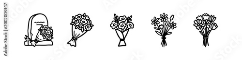 Valokuva Hand-drawn black and white doodle icon set featuring a gravestone and various mourning bouquets, ideal for funeral, memorial, and bereavement themes in a minimalist line art style