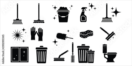 Cleaning supplies collection a black silhouette icon set for hygiene