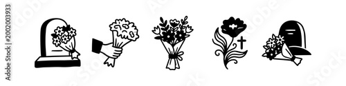 Fotografie Collection of hand-drawn mourning and funeral icons featuring gravestones, flower bouquets, and a cross