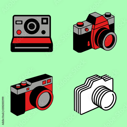 Vintage and Modern Camera Isometric Illustrations Set, Digital SLR, Instant Film and Retro Photographic Equipment for Professional Photographer