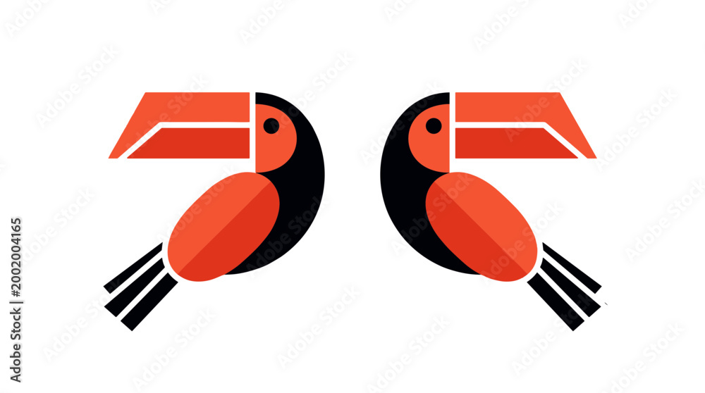 Naklejka premium Tropical Toucan Bird Symmetrical Geometric Flat Design Logo, Colorful Exotic Parrot with Orange Bill, Jungle Fauna and Nature Inspired Vector Illustration