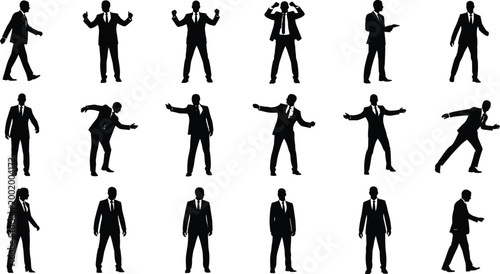 Business Man Silhouettes in Suits, Successful Celebration and Stressful Poses Set, Corporate Male Figure Walking and Presenting