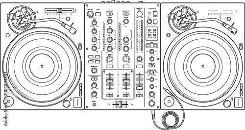 Detailed DJ Turntable Setup Line Art Illustration with Mixer and Vinyl Record Players Technical Drawing Vector