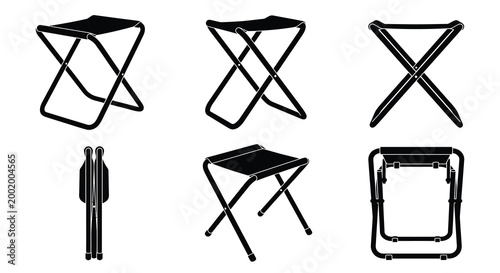 Folding camping stool silhouettes in various views and positions