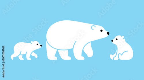 Arctic Polar Bear Family Illustration, Mother Bear with Two Cubs Walking and Sitting in Cold Winter Environment, Northern Wildlife Animal Scene