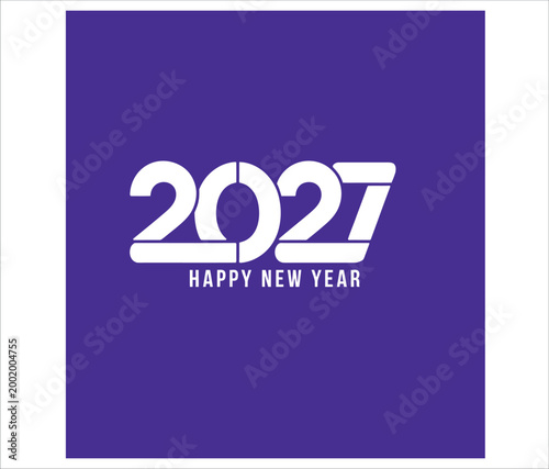Minimalist happy new year 2027 greeting card design with white typography on a purple background.