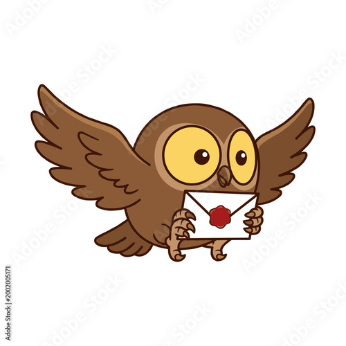 Cartoon Owl Delivering Letter Vector Illustration, Cute Brown Owl Flying with Wax Sealed Envelope Post Office Mail Carrier Character Mascot Design