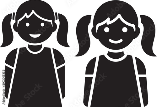 Two black silhouette illustrations of young girls with ponytails black and white children ponytail hairstyle clothing activity silhouette illustration adorable friendship teamwork