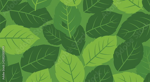 Abstract botanical background featuring a dense, seamless pattern of green leaves in diverse shades, evoking nature and growth.