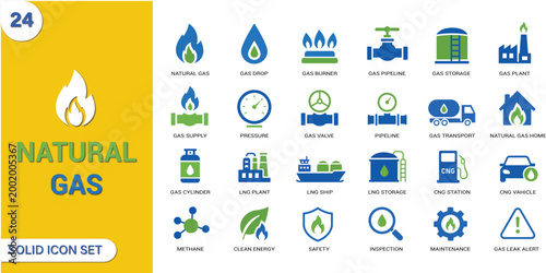 Natural Gas Solid Icon Set. LNG, CNG, Pipeline, Energy, Fuel, Storage and Industrial Gas Solid Vector Icons Collection