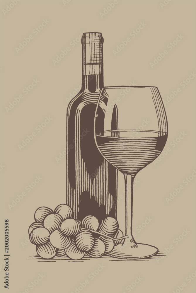 Fototapeta premium Classic Wine Bottle and Glass Still Life Sketch